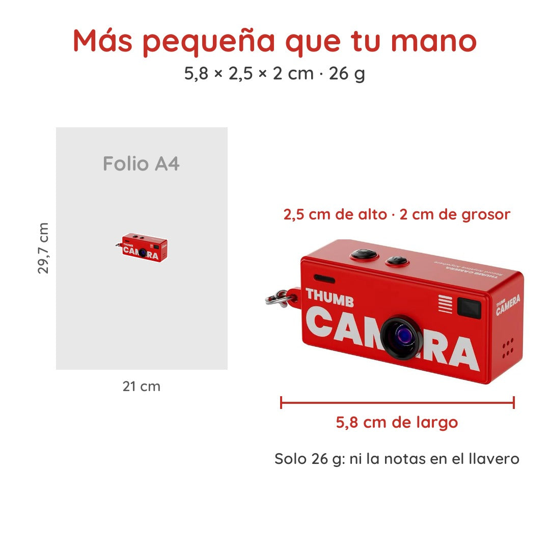Tamaño de la minicámara: 5,8 × 2,5 × 2 cm y 26 g, comparada con un folio A4